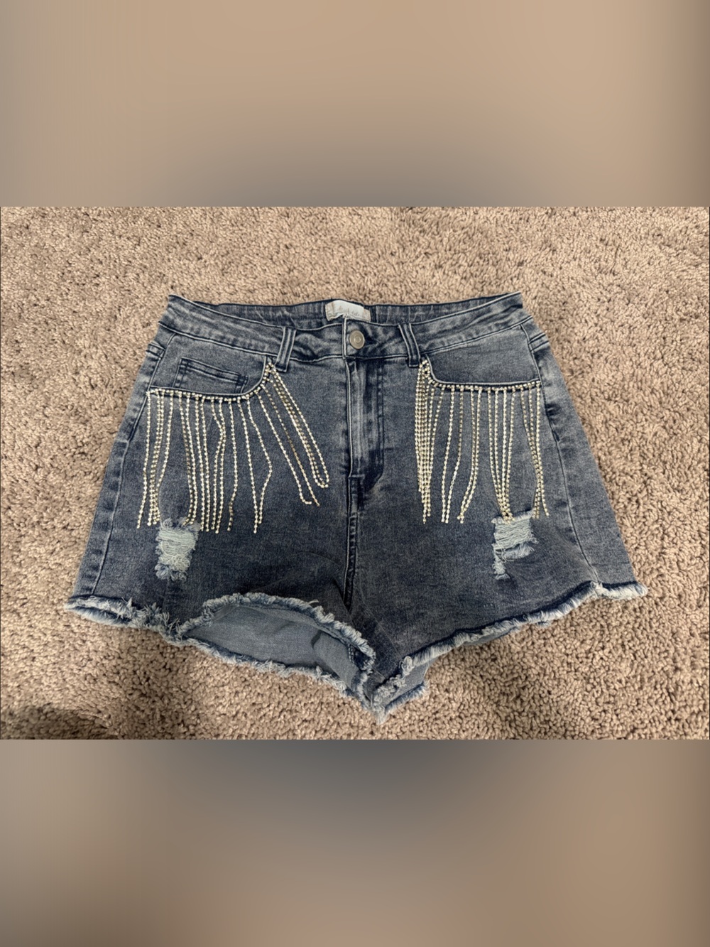 Altar'd State Charcoal Denim Shorts with Rhinestone Fringe